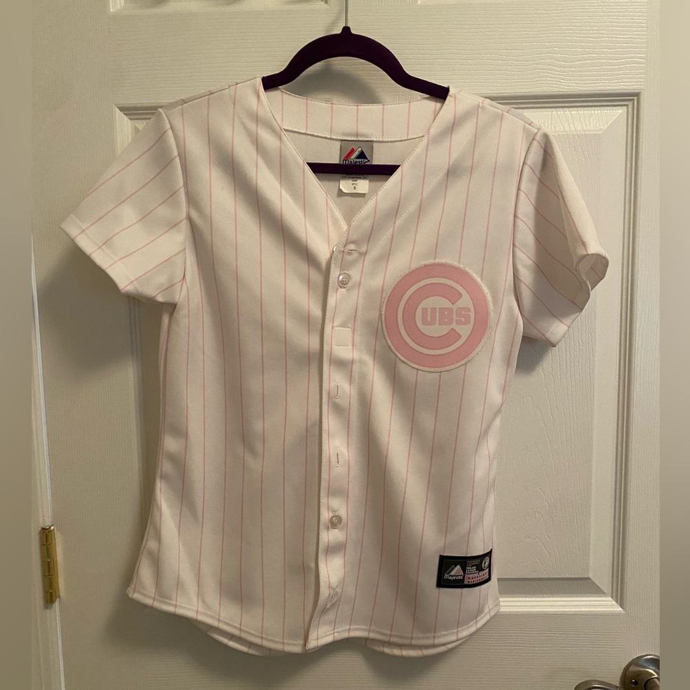 Size S White & Pink Pinstripe Chicago Cubs Jersey
